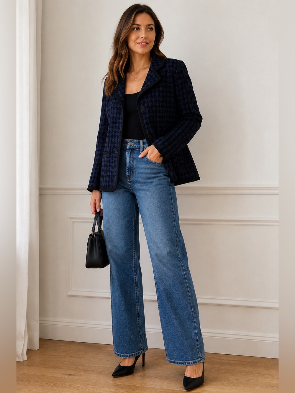 Sandro Paris Houndstooth Blazer Navy Blue Black Two Button Jacket Stretch XL